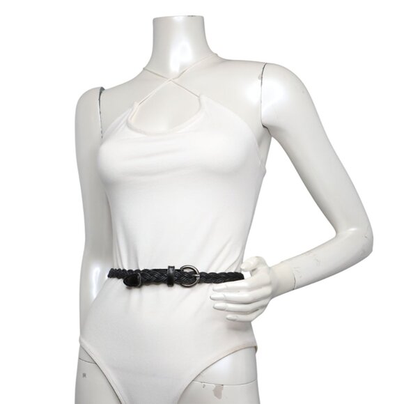 Vintage Black Braided Skinny Belt Adjustable Faux Leather Accent Boho Chic - Picture 3 of 8